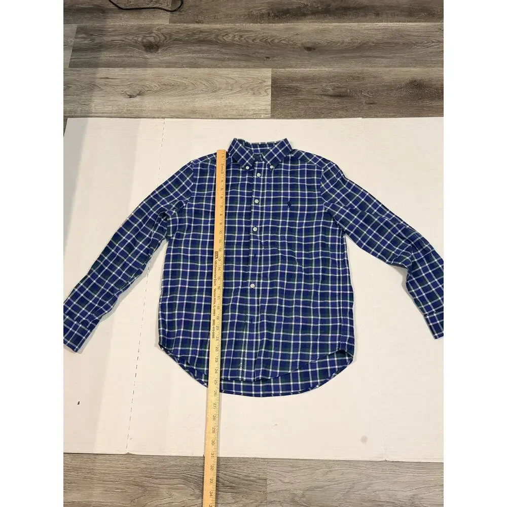 Ralph Lauren Boys L 14-16 Blue Green Plaid Button Down Long Sleeve Shirt Pony